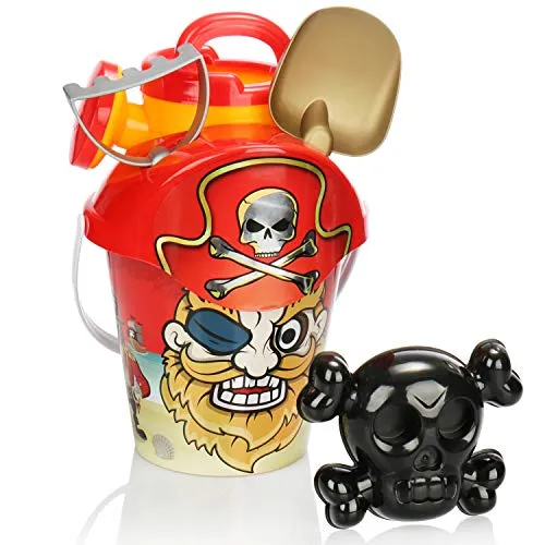 COM-FOUR® 6-teiliges Strandspielzeug-Set - Sandspielzeug für Strand und Sandkasten - Eimer, Deckel mit Sieb, Schippe, Harke, Form und Gießkanne (rot)