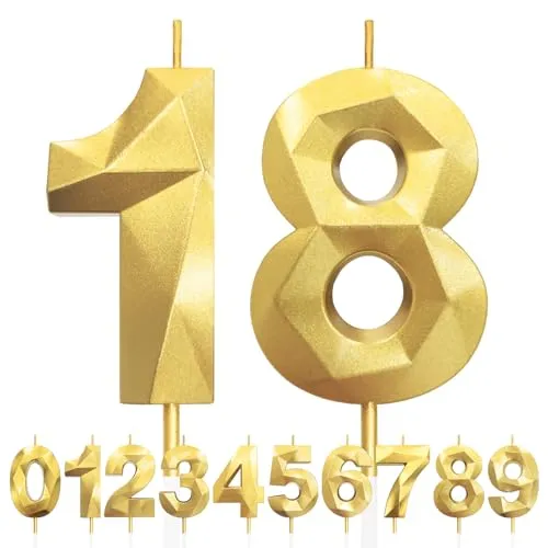 Geburtstagskerzen Zahlen 18, 5cm 3D Gold Geburtstagskerzen, Kerzen Geburtstag, Zahlenförmige Kerze, Tortendeko Geburtstags für Geburtstag Party, Hochzeiten, Jubiläen, Birthday Candle Nummer 18