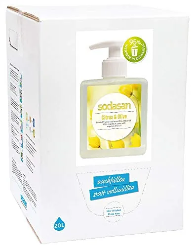 SODASAN Flüssigseife Citrus u. Olive 20 Liter - Seife im 20 Liter Bag-in-Box, mit praktischem Auslaufhahn, 100% natürliche Inhaltsstoffe, vegan und biologisch abbaubar, herrlich frischer Zitrusduft für milde Hand- und Körperreinigung.