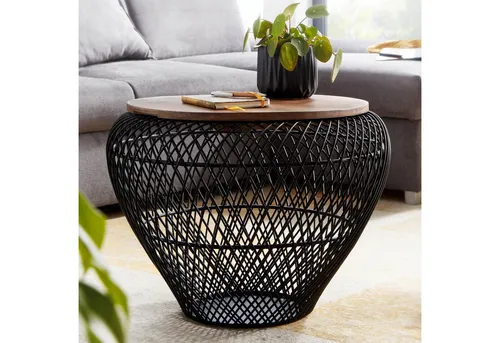 FINEBUY Couchtisch FB41528 - Mango Massivholz und Metall, 60x60x45 cm, Schwarz - Stylischer Couchtisch aus handgefertigtem Mangoholz mit einzigartiger Maserung und praktischem Stauraum durch abnehmbare Tischplatte, ideal für jeden Wohnraum.