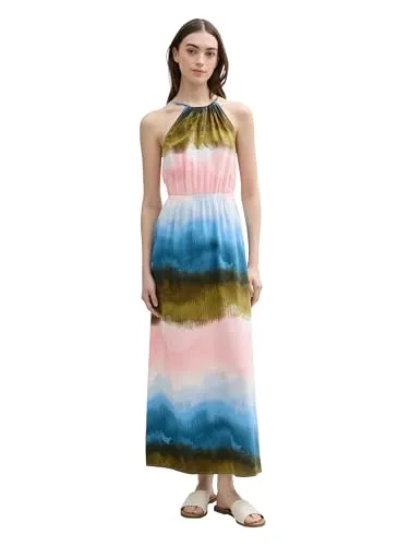 TOM TAILOR Denim Neckholderkleid mit Knopfverschluss - Kleider – Buntes Neckholderkleid mit atmungsaktiver Viskose, ideal für sommerliche Anlässe und bequem zu tragen.