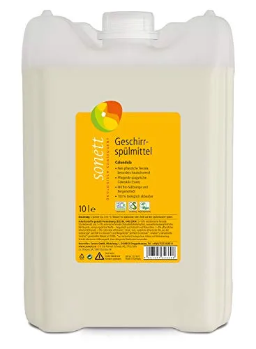 Sonett Geschirrspülmittel Calendula 10L - Geschirrspülmittel mit rein pflanzlichen Tensiden, hautschonend und 100% biologisch abbaubar. Angereichert mit pflegender Calendula-Essenz und ätherischen Ölen für ein frisches Spülerlebnis.