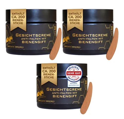 Grega´s Imkerei Anti-Aging-Creme Bienengift Manuka Hyaluron Creme 50 ml im Derma Test „Sehr gut“ Hochdosiert (entspricht ca. 200 Bienenstichen), 3-tlg., 50 ml Glastiegel inkl. Massivholz Cremspatel