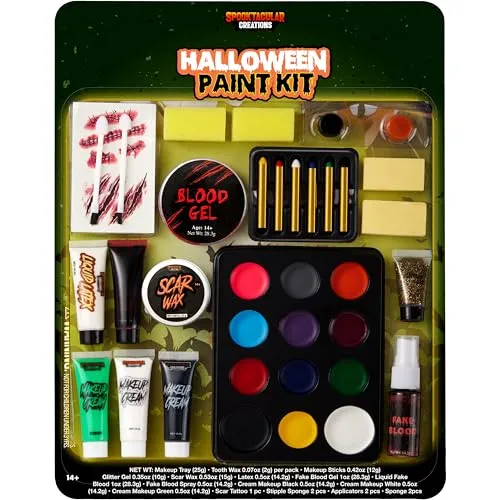 Spooktacular Creations 25 Teiliges 12 Farbiges Halloween Familien Spezialeffekt Schminke Set, Gesichts- und Körperbemalung, Einfaches An- und Ausziehen Schminke Set für Halloween Cosplay Partyzubehör