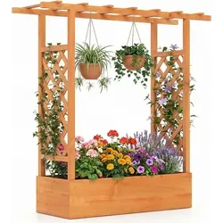 COSTWAY Blumenkasten mit Rankgitter & Dach, 110x35x114 cm – Orange - Stabiler Hochbeet Blumenkasten aus Fichtenholz mit abnehmbaren Bodenplatten für flexibles Pflanzenwachstum. Ideal für Kletterpflanzen und zur Verschönerung von Terrassen und Balkonen.