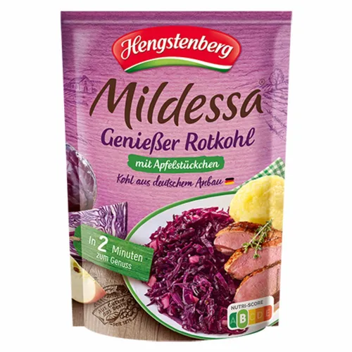 Mildessa Genießer Apfelrotkohl 400g - Fertiggemüse für kreative Beilagen, mit zarten Apfelstückchen für eine fruchtige Note. Ideal für schnelle und gesunde Mahlzeiten!