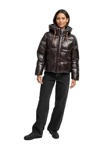MARIKOO Damen Winterjacke N097 - Choco - gesteppt mit abnehmbarer Kapuze - Stylische Winterjacke mit hochwertigem, leicht glänzendem Obermaterial aus 100 % Nylon. Die abnehmbare Kapuze und der hochschließende Kragen bieten optimalen Schutz vor Kälte. Kuschelige Taschen sorgen für warme Hände.