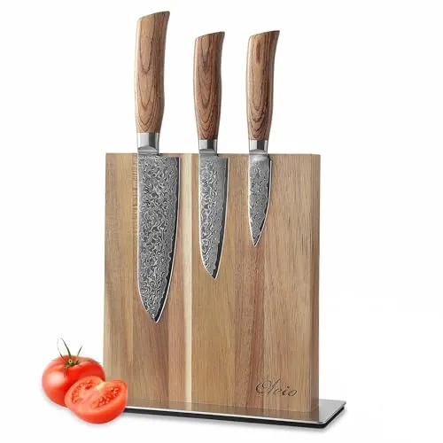 Wakoli EDIB Pro 3-teiliges Küchenmesser Set aus Damaststahl (VG10 Kern) mit magnetischem Messerblock – 2× Santoku Messer & Officemesser – Scharf und ergonomisch – Damastmesser Set mit Pakkaholzgriffen