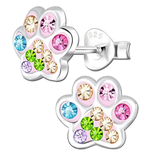 Mädchen Kinder Damen Ohrringe 925 Sterling Silber Kristall Pfote Ohrstecker (P66 rosa)