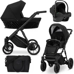 Kinderwagen IVENTO Sportwagen Babywagen Babyschale Komplettset Kinder Wagen Autositz Set 3 in 1 (Deep Black, Rahmenfarbe: Schwarz)