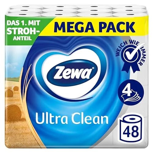 Zewa Ultra Clean Toilettenpapier, 4-lagig mit Strohanteil - Hygieneartikel mit nachhaltigem Strohanteil für sanfte Reinigung und hohe Reißfestigkeit. Biologisch abbaubar und umweltfreundlich.