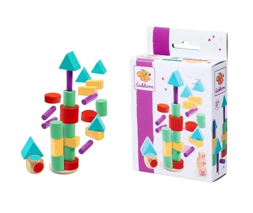 Eichhorn – Games – Stapelspiel mit Würfel, versch. Formen und Holzteile zum Stapeln, 27 teilig, aus Birkenholz, ab 3 Jahren