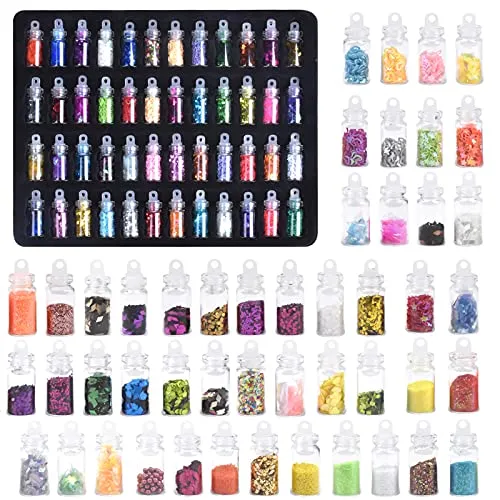 Chstarina 48 Boxen Nagel Glitzer, Holographische Nagelpuder, Nagel Funkeln Pailletten, 3D Sterne Herz Pailletten, Nagel Perlen, Nagel Dekoration für Gesicht Nägel Augen Haare Körper oder Epoxidharz