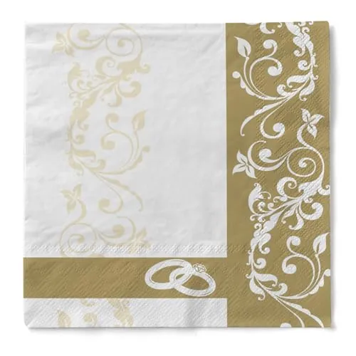 Sovie HORECA Serviette HOCHZEIT in GOLD aus 3-lagigem Tissue, 33 x 33 cm, 100 Stück – edle Hochzeitspapierservietten mit Ornamentranken & Ringen