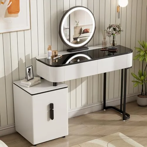 WOLTU Schminktisch mit LED Beleuchtung - Eleganter Kosmetiktisch in Weiß + Schwarz - Schminktisch mit runden LED-Spiegel, 3 Helligkeitsstufen und großem Stauraum. Ideal für eine stilvolle und organisierte Schminkumgebung.