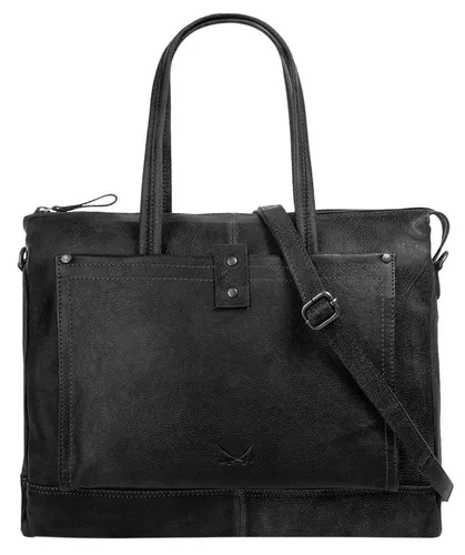 Sansibar Shopper Damen, Herren 019709 schwarz - Handtasche aus 100% Leder mit geräumigem Hauptfach, ideal für Alltag und Reisen. Stylisches Design mit abnehmbarem Schulterriemen und praktischen Fächern.