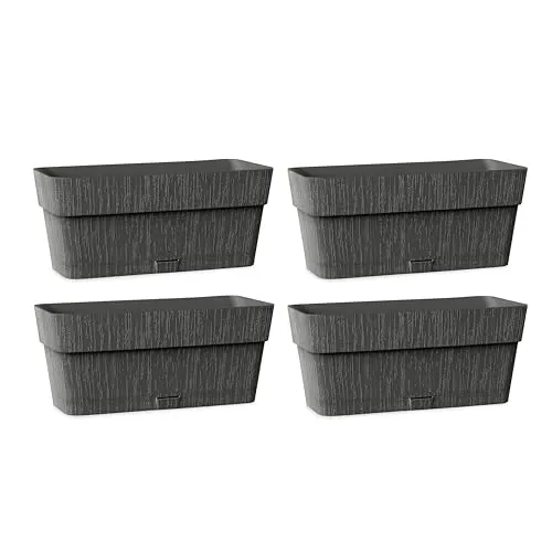 Kigima Pflanzenkasten 4er Set 30x13x12 Anthrazit – Robuster Blumenkasten für Balkon & Fensterbrett aus Plastik – Stylischer Balkon Blumenkasten mit Wasserspeicher – Kleiner Balkonkasten für Blumen