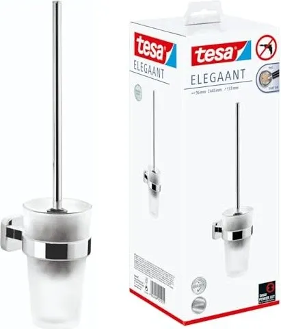 Tesa WC-Bürste Elegaant, weiß / verchromt - Wandmontage ohne Bohren mit Tesa Power-Kit, eleganter Glas-Bürstenhalter und wechselbarem Bürstenkopf für optimale Hygiene.