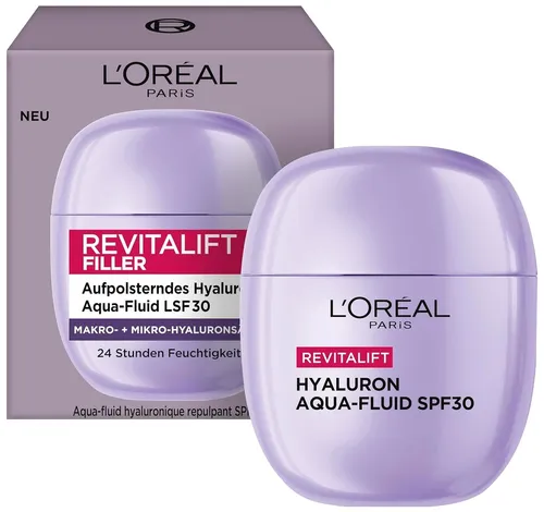 L'Oréal Paris Revitalift Filler Aqua-Fluid LSF30 - Feuchtigkeitscreme mit Mikro-Hyaluronsäure, 40 ml, für intensive Hydratation und täglichen UV-Schutz. Ideal für Gesicht und Hals.