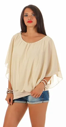 simaranda Damen Bluse Chiffon luftige Sommer Tunika mit Carmen Ausschnitt Blusenshirt Elegant 661 36-40 Beige