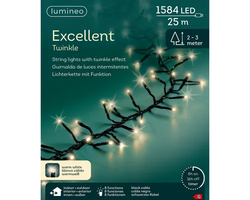 Lumineo Lichterkette EXCELLENT TWINKLE 1584 LED 25m warm weiß, schwarz - Lichterkette mit 1.584 warm weißen LEDs, 8 Lichtfunktionen und praktischer Timer-Funktion für automatisches Ein- und Ausschalten. Ideal für Innen- und Außenbereich mit IP44-Schutz.