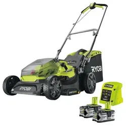 RYOBI 18 V ONE+ Akku-Rasenmäher RY18LM37A-240 - Rasenmäher mit 37 cm Schnittbreite, 6-facher Höhenverstellung und gummierter GripZone für komfortables Mähen. Inkl. 2 x 4,0Ah Akkus und Ladegerät für kabellose Freiheit.