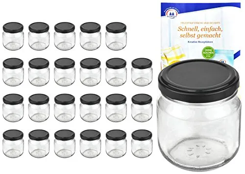 MamboCat 24er Set Rundgläser 212 ml nieder Deckelfarbe schwarz to 66 inkl. Diamant Gelierzauber Rezeptheft, Marmeladengläser, Einmachgläser, Einweckgläser, Gläser