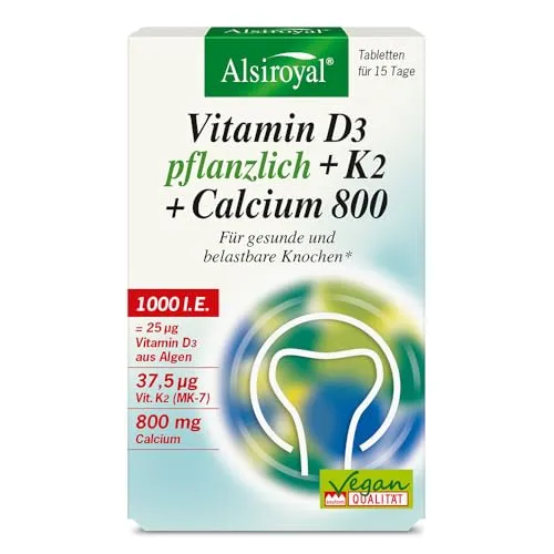 Produktbild Alsiroyal Vitamin D3 pflanzlich mit K2 und Calcium 800 – 1000 IE Vitamin D3 aus Algen 37,5 mcg K2 MK7 und 800 mg Calcium pro Tagesdosis – vegan – laborgeprüft