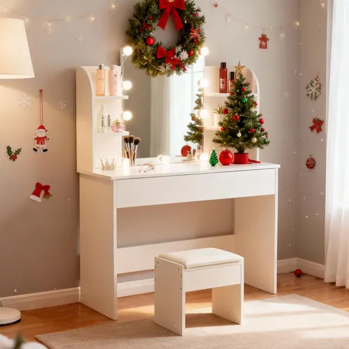 Okwish Schminktisch Weiß mit 3-Wege-Spiegel - Eleganter Schminktisch in Weiß aus stabilen MDF, inklusive 3-Wege-Spiegel und dimmbarer Beleuchtung mit 10 Glühbirnen. Ideal für eine stilvolle Beauty-Ecke im Schlafzimmer oder Ankleidezimmer.