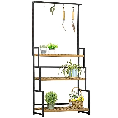 Outsunny 3-Etagen Pflanzenregal Blumentreppe - Blumentreppen: Stabiles Metall- und Massivholz-Regal mit 3 Ebenen für optimale Lichtverteilung und inklusive Haken für Dekoration. Ideal für Garten und Innenräume.