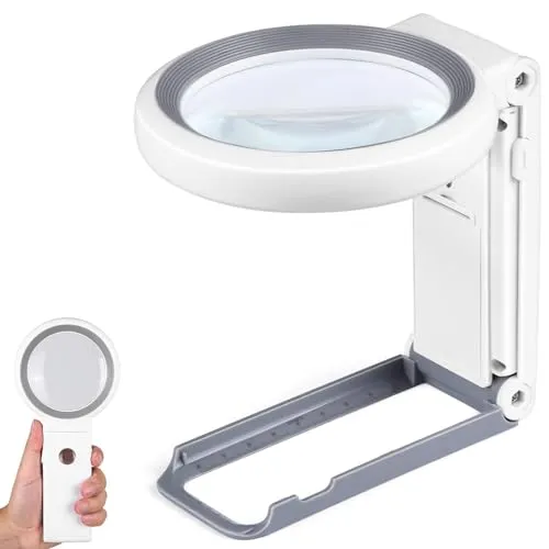 KIBTOY Lupe mit Licht und Ständer, Leselupe mit 18 LEDs und 3 Lichtmodi, Echte Glaslinsen Dimmbare Faltbare Großlupe für Senioren, Münzen, Makuladegeneration (Weiß)
