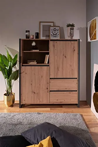 Highboard Arvada in Artisan Eiche - Modernes Design für stilvolle Räume - Kommode im eleganten Artisan Eiche Look mit grifflosen Öffnungen, ideal für platzsparende Lösungen. Maße: 120x140x40cm, perfekt für Ihr Zuhause.