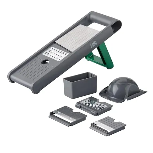 Chefkoch Gemüsehobel in Grau - vielseitiger Küchenhelfer - Reiben & Küchenreiben mit 4 Einsätzen für hobeln, julienne, raspeln und reiben - rutschfester Stand und integrierter Aufbewahrungsbehälter für optimale Handhabung.