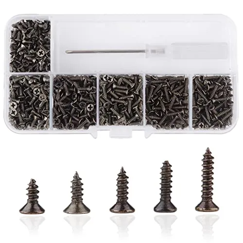 Roosea 1000 Stück Kleine Selbstschneidende Schrauben Metall M2 Holzschrauben Mini Kreuzschlitzschrauben Flachkopf Blechschrauben Set mit Schraubendreher, Bronze, 5-10mm