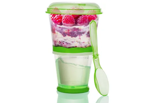Goods+Gadgets Aufbewahrungsbecher GOODS+GADGETS Müsli To-Go Becher 2in1 mit Kühlfach & Klapp-Löffel, (Milchkühlfach & Klapp-Löffel), Joghurt 2-Go Reise-Becher