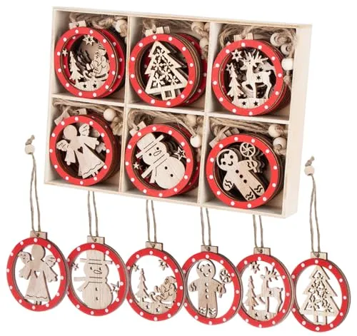 Sweelov 30tlg Holz Weihnachten Anhänger Rot Weihnachtsanhänger Doppelschicht Christbaumanhänger Hängeornamente Weihnachtsdeko, 6 Verschiedene Musters