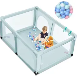 COSTWAY 120 x 190cm Baby Laufstall mit 50 Spielbällen, Laufgitter mit atmungsaktivem Netz und Reißverschluss, Krabbelgitter 2 Türen, Laufgitterz... - Blau