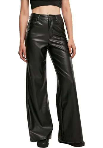 Urban Classics Damen Faux Leather Wide Leg Pants, Schwarz, 28 EU - Trendy Damen-Hose aus Kunstleder mit ultra weitem Bein und hohem Bund, perfekt für einen angesagten Streetwear-Look.