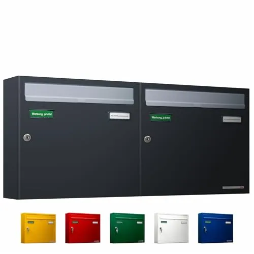 AL Briefkastensysteme Basic 2er Briefkasten - Wetterfester Doppelbriefkasten aus pulverbeschichtetem Stahl, ideal für Mehrfamilienhäuser, inklusive 2 Namensschildern und Posthaltebügel.