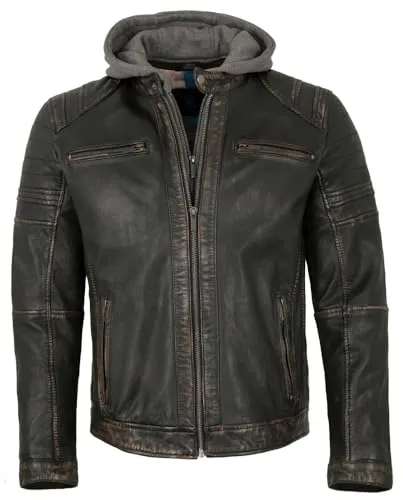 Jack Hanter Herren Lederjacke Lammnappa Bikerjacke Kapuze schwarz-beige Größe 52