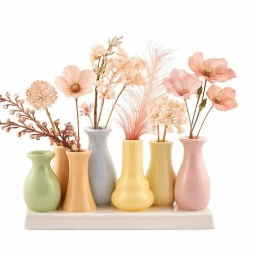 Handgefertigte Keramik Deko Blumenvasen Set – 7er Set Bunt & Weiß