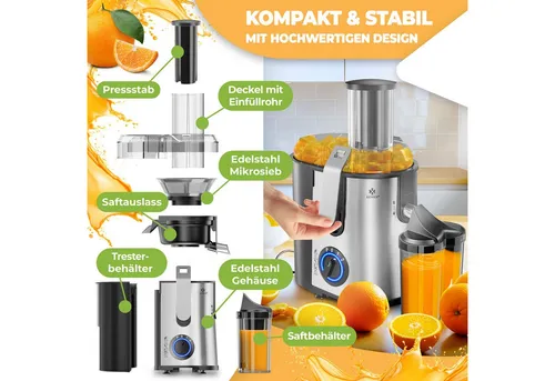 KESSER Entsafter 1100 W - Edelstahl Entsafter für Obst und Gemüse, leistungsstark mit 1100 W für schnelle Saftgewinnung, ideal für gesundheitsbewusste Genießer.