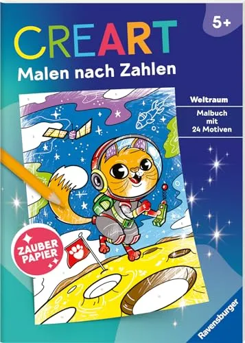 Ravensburger CreArt Malen nach Zahlen ab 5: Weltraum, Malbuch, 24 Motive, Zauberpapier