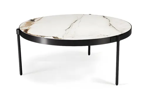 Eleganter Couchtisch im modernen Design in Beige - Moderner Couchtisch mit runder Keramikplatte und Edelstahlgestell. Ideal für das Wohnzimmer, mit einer Höhe von 37 cm und einem Durchmesser von 85.8 cm. Perfekt für stilvolle Akzente!