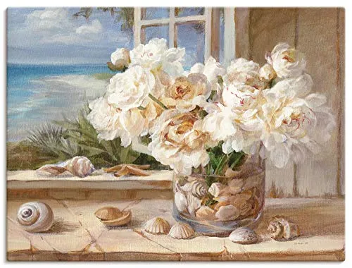 ARTLAND Wanddeko Leinwand Bilder Wandbild 60x45 cm Fensterblick Fenster Strand Meer Küste Muscheln Maritim Stillleben K7BB