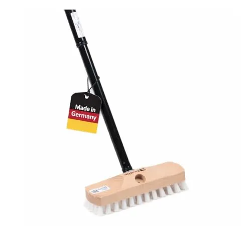 BawiTec Qualitäts Schrubber Schrubberbürste 22 cm mit Teleskopstiel Stufenlos Verstellbar Weiße Harte PPN-Borsten Buchenholz Scheuerbürste für Haushalt, Küche, Bad, Werkstatt