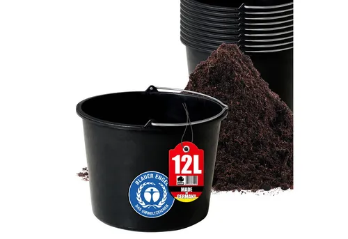 BigDean 10x Baueimer 12l - Stabiler Mörteleimer mit Henkel - Aschesauger - Robuster 12 Liter Baueimer aus recyceltem Kunststoff, ideal für Baustellen und Gartenarbeiten, mit integrierter Mess-Skala und praktischem Henkel.