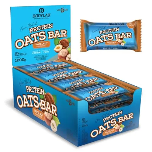 Bodylab24 Protein Oats Bar Haselnuss 12 x 100g - Proteinriegel mit 50g Kohlenhydraten und 15g Protein pro Riegel, ideal für schnelle Energie vor oder nach dem Training, hergestellt in Deutschland mit besten Zutaten.