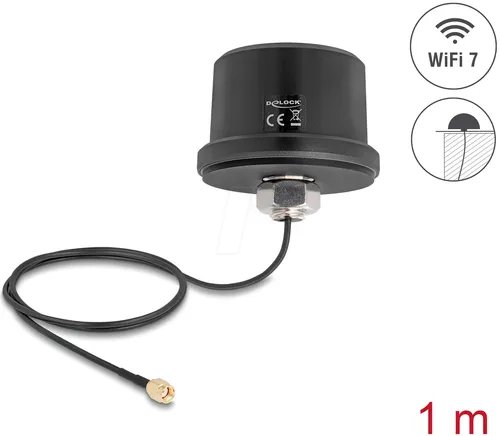 Delock WiFi 7 Antenne RP-SMA Stecker - WLAN-Zubehör mit 3,1-3,5dBi omnidirektionalem Empfang für eine verbesserte WLAN-Abdeckung und stabile Verbindungen.