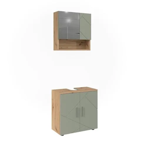 Vicco Badmöbel-Set Irma in Salbeigrün, 2-teilig - Stylisches 2-teiliges Badezimmer-Set mit Waschbeckenunterschrank und Spiegelschrank für eleganten Stauraum. Pflegeleichtes Material und durchdachte Aufteilung sorgen für Ordnung und einen modernen Look.